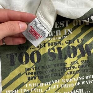 Oneita Boot Camp Aerobics VTG T Shirt Military Too Slow Class Attention USA